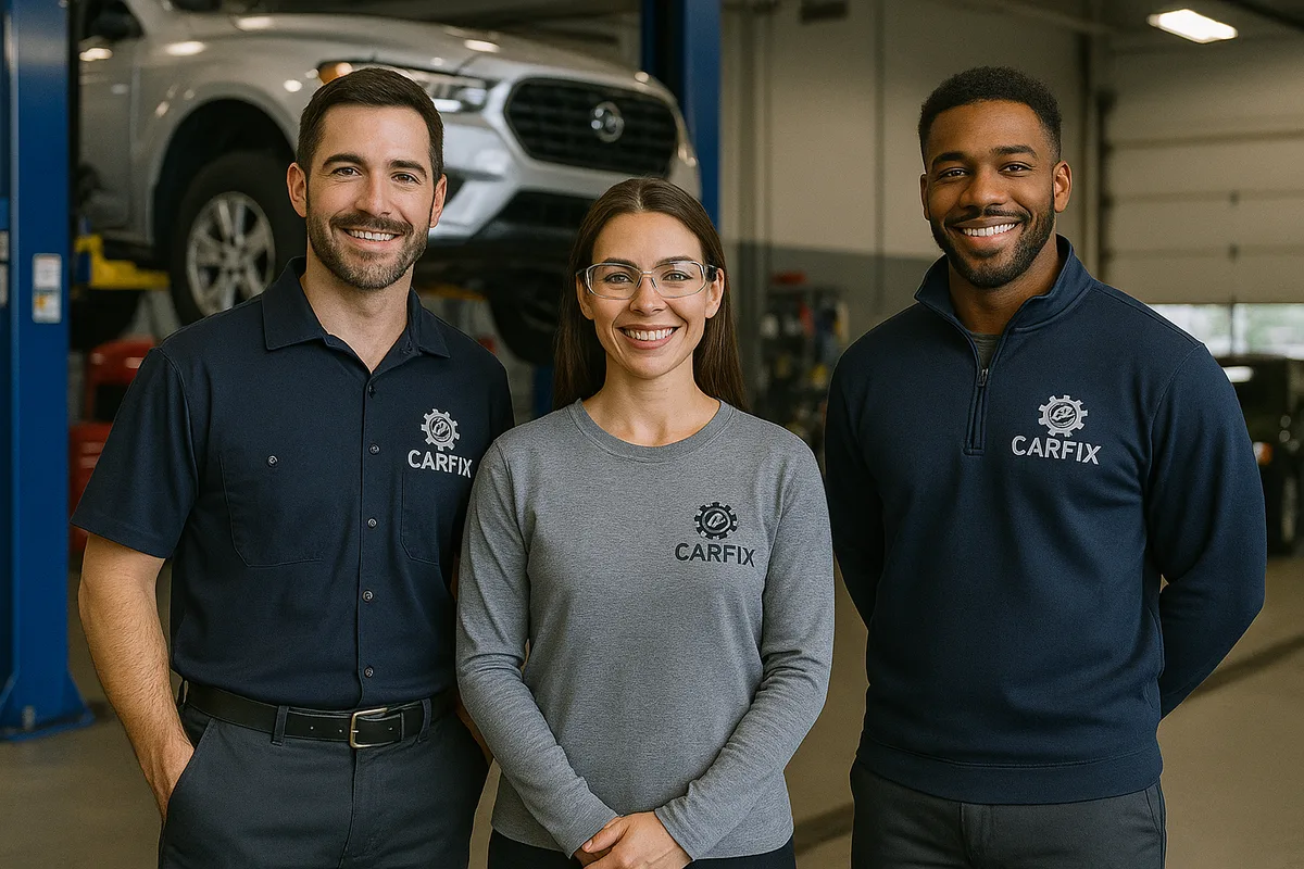 Automotive team in custom branded uniforms