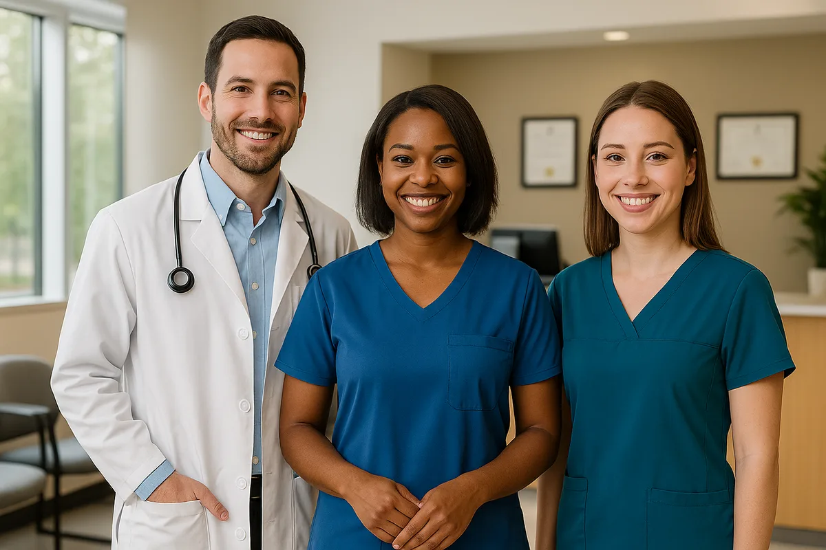 Healthcare team in custom branded uniforms