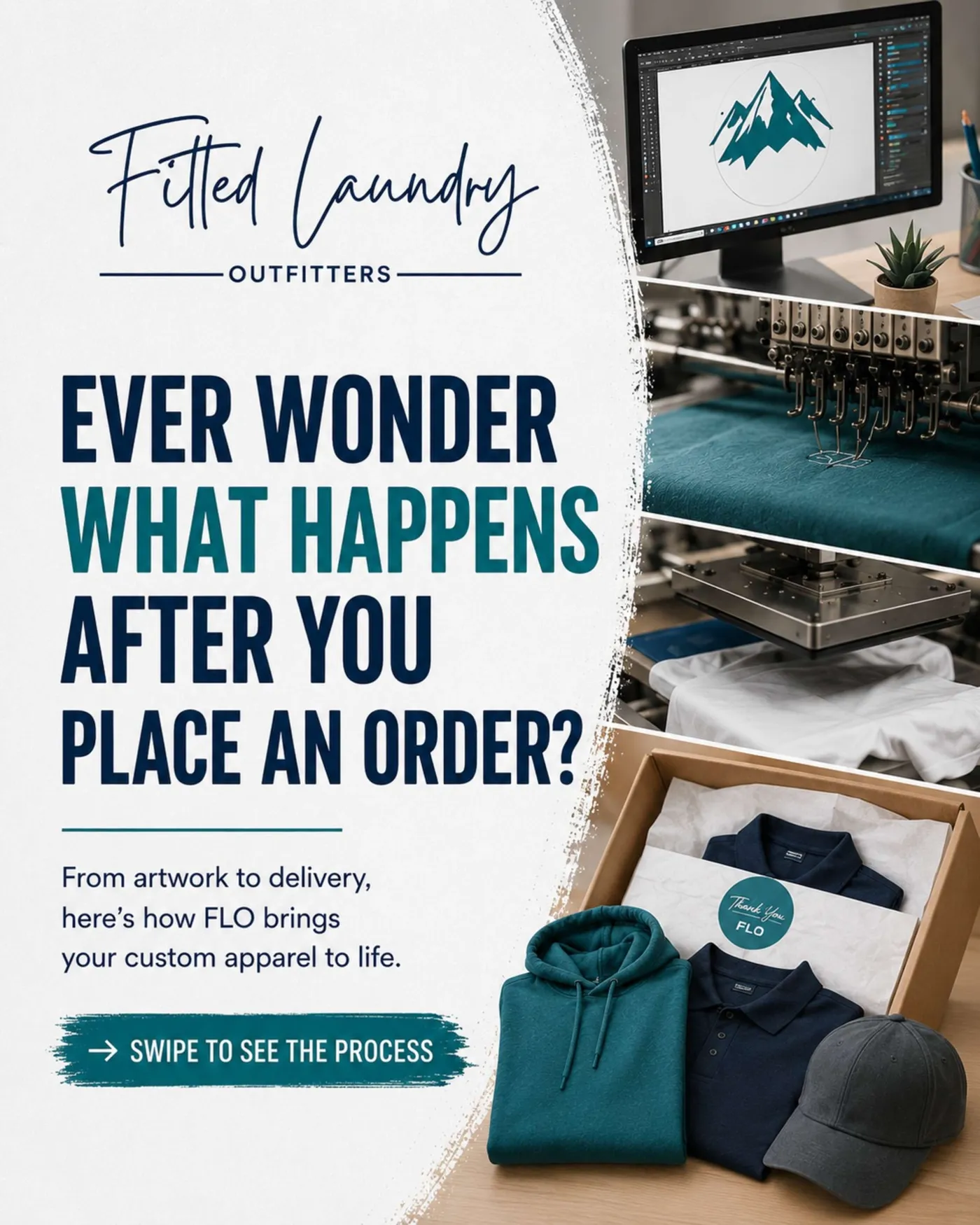 Stages of custom apparel production at FLO from artwork to finished product