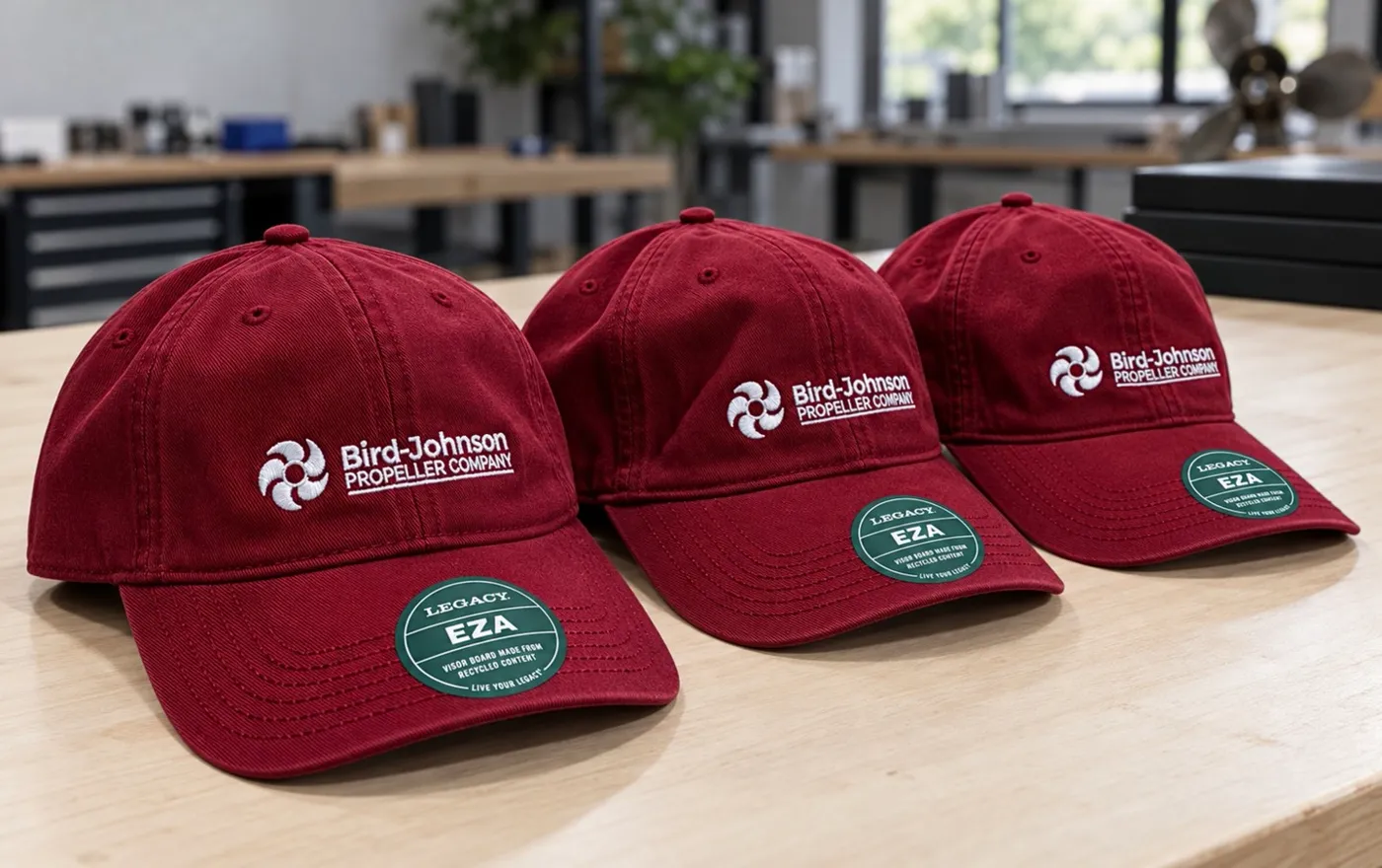 Red and black custom embroidered hats featuring the Bird-Johnson Propeller Company logo