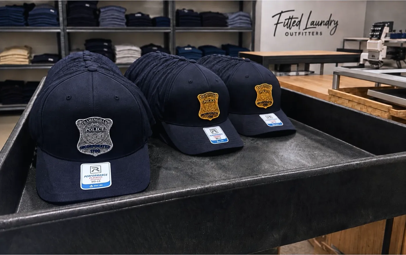 Custom embroidered hats made for the Framingham Police Department