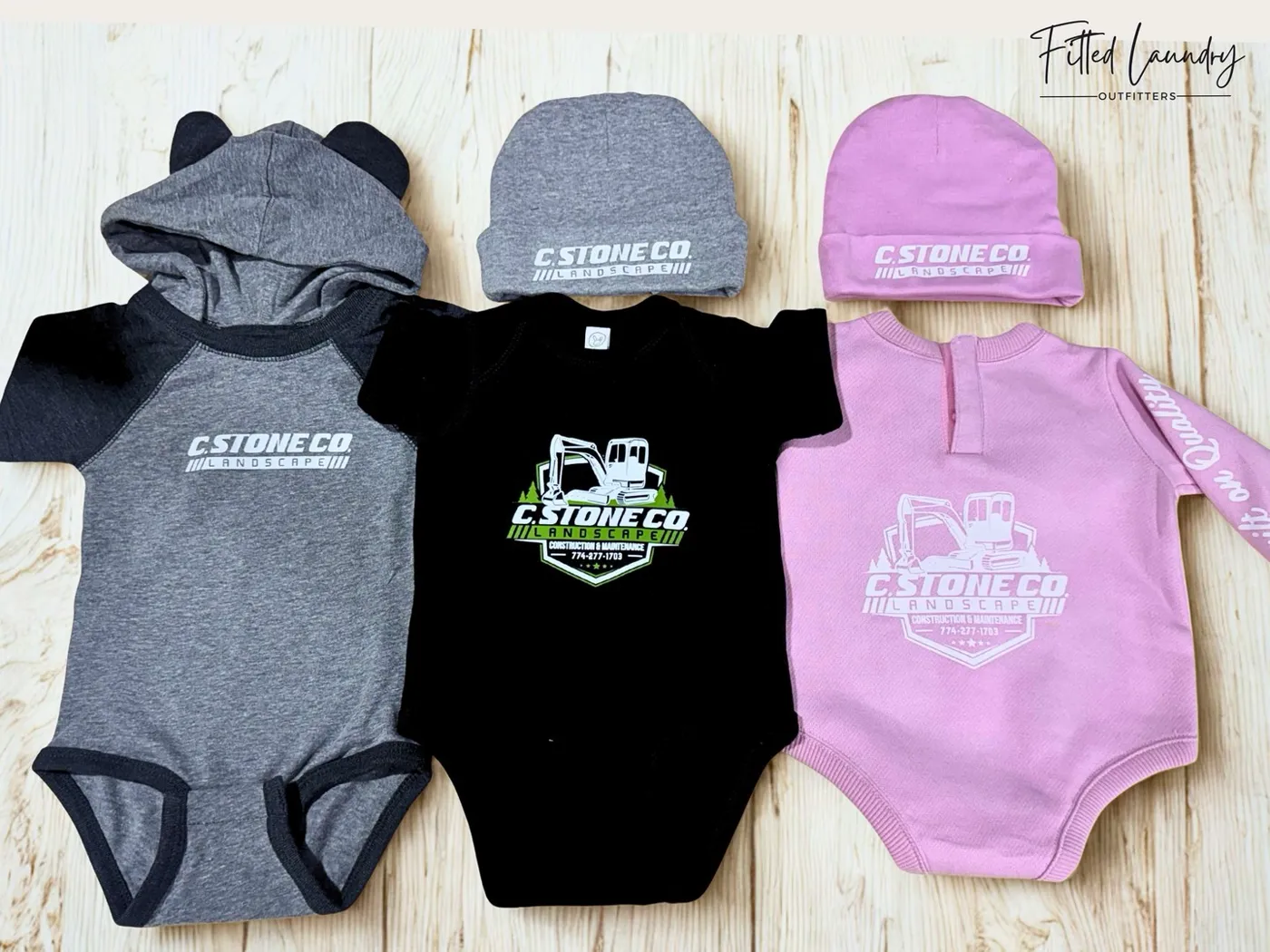 Custom branded onesies and beanies made for C. Stone Co. Landscape and Construction Maintenance