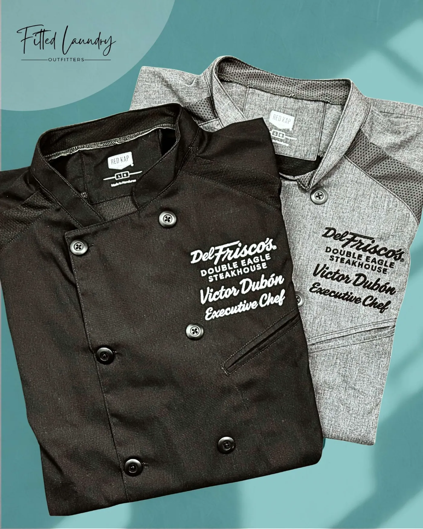 Custom embroidered Airflow Raglan Chef Coats made for Del Frisco's Boston kitchen staff