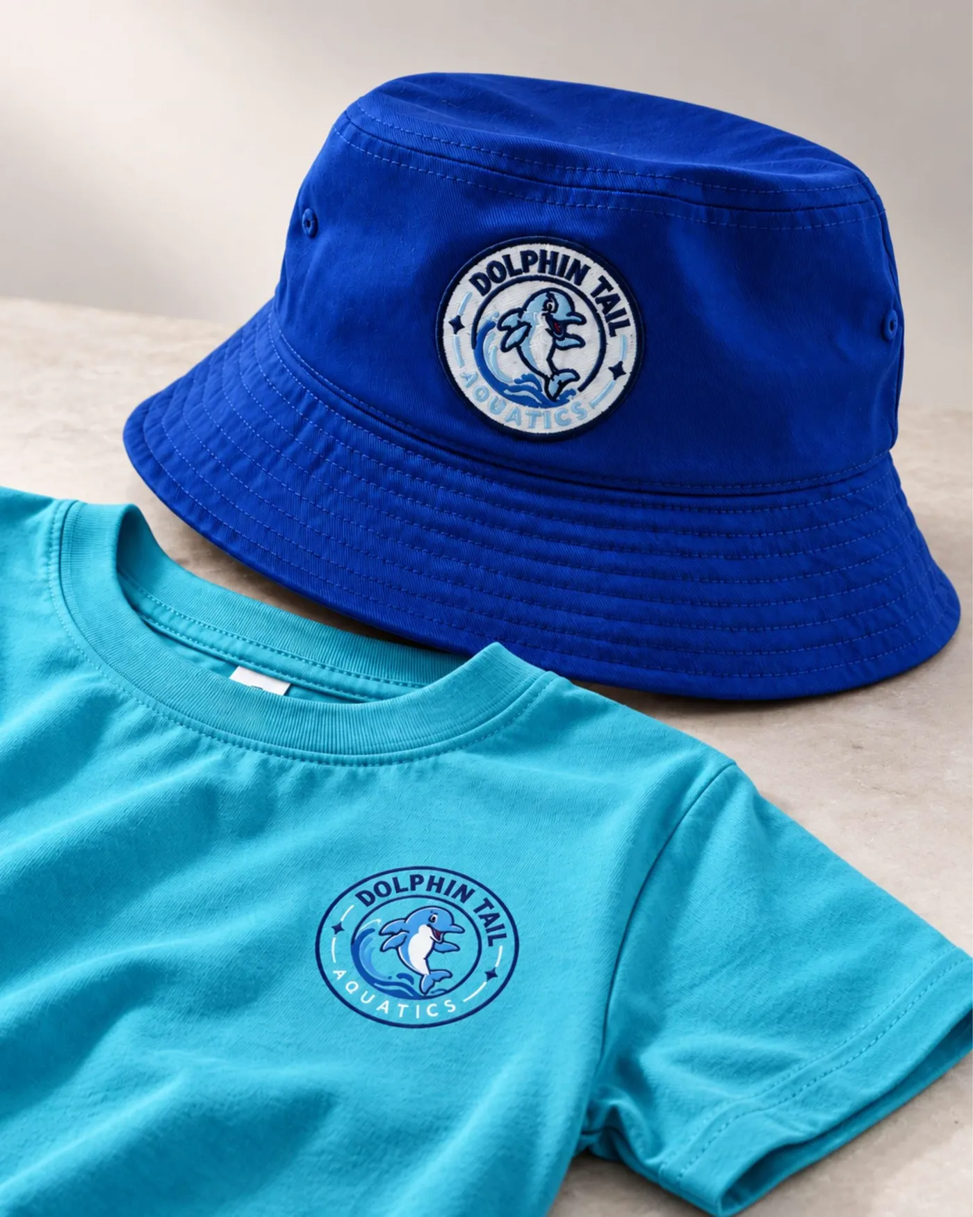 Custom toddler tees and embroidered bucket hats made for Dolphin Tail Infant Aquatics swim school