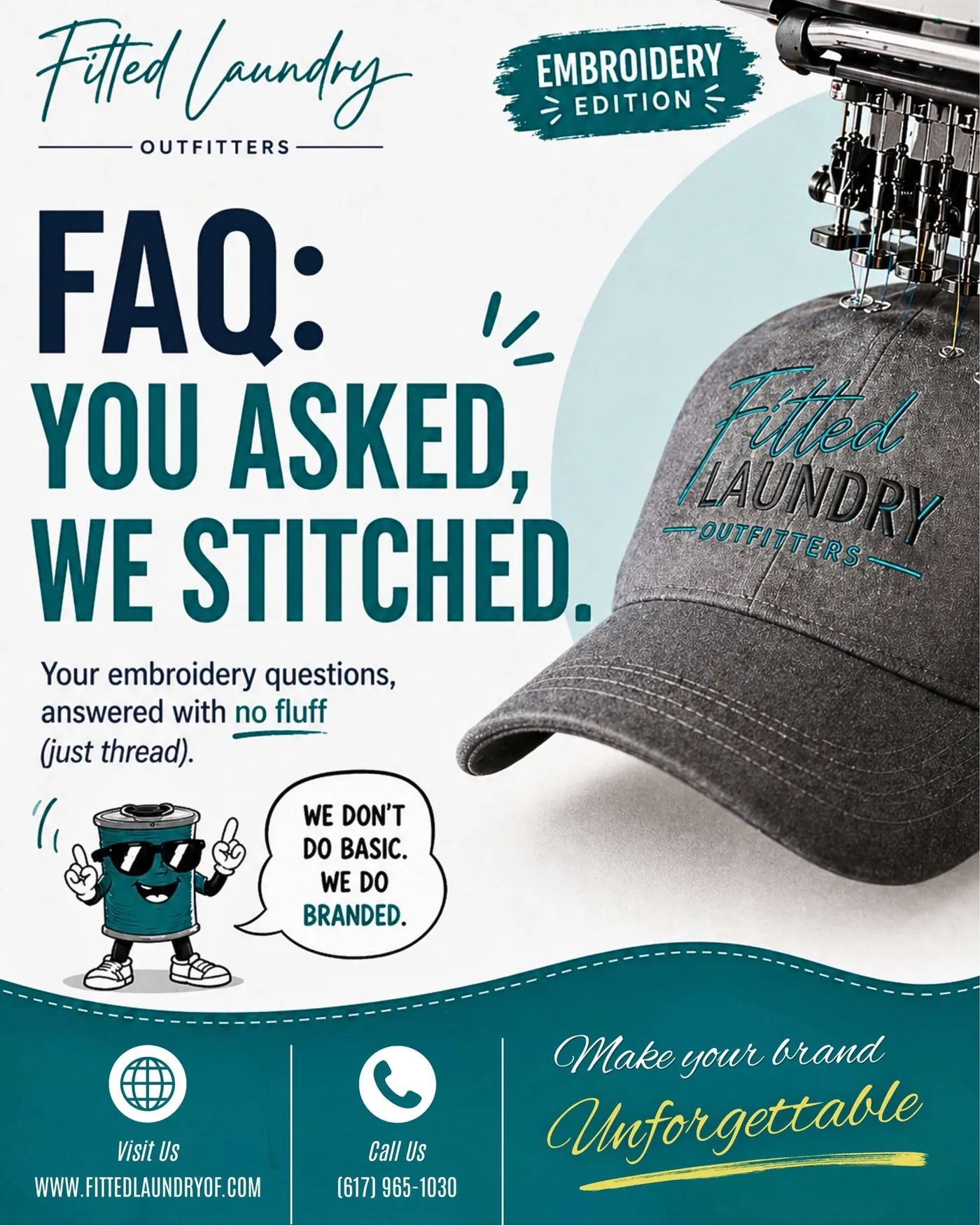 Close-up of custom embroidered logo on apparel by FLO